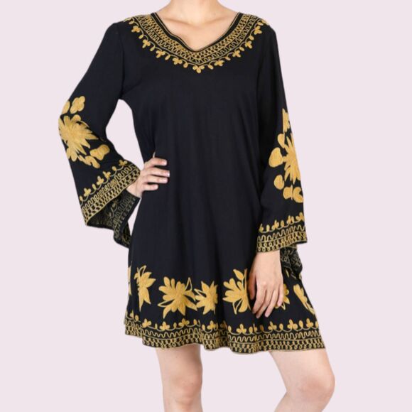 WAYAN NATURAL WEAR Black Tunic Dress Size S Floral Embroidered Bell Sleeves - Picture 1 of 11